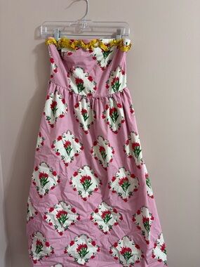 Women’s Pink Floral Strapless Sundress with Yellow Trim